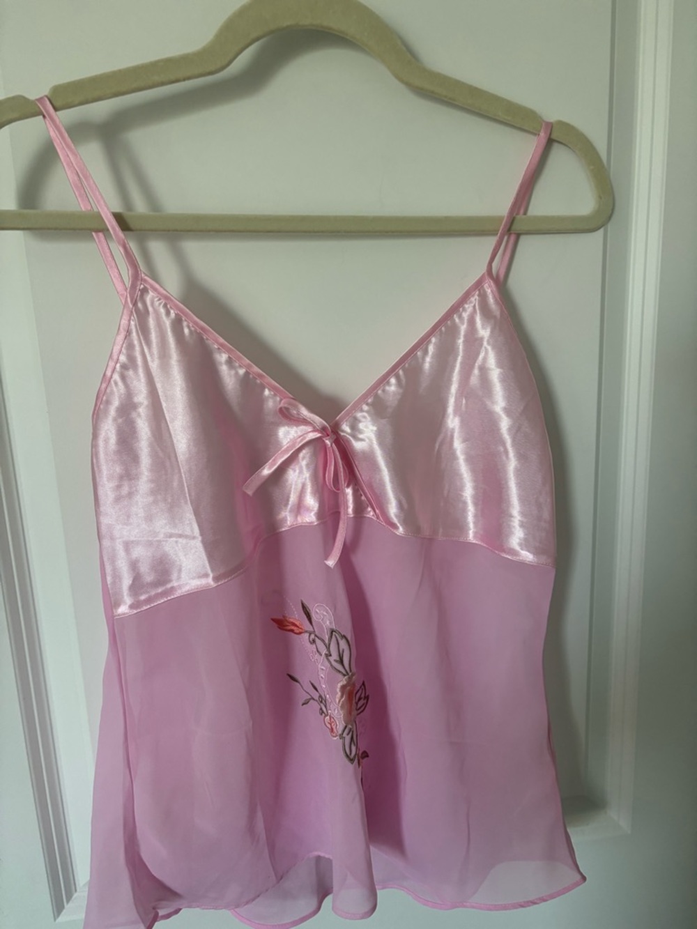 Vintage Pink Floral Embroidered Camisole Top Bow Y2K Balletcore Silk